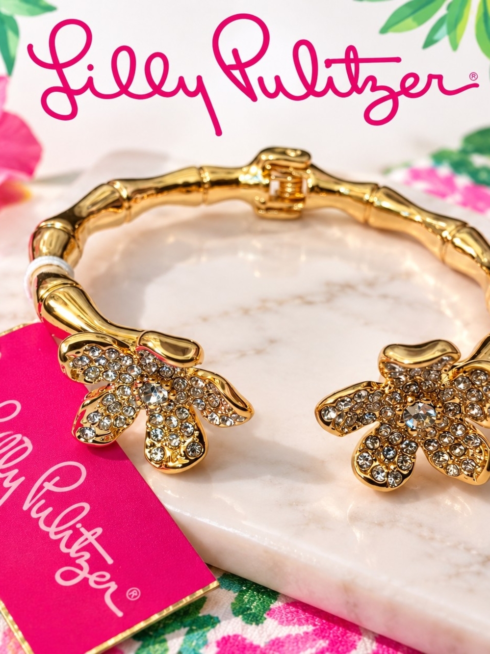 Lilly Pulitzer Gold Crystal Flower Hinged Bangle Bracelet - Gold 149